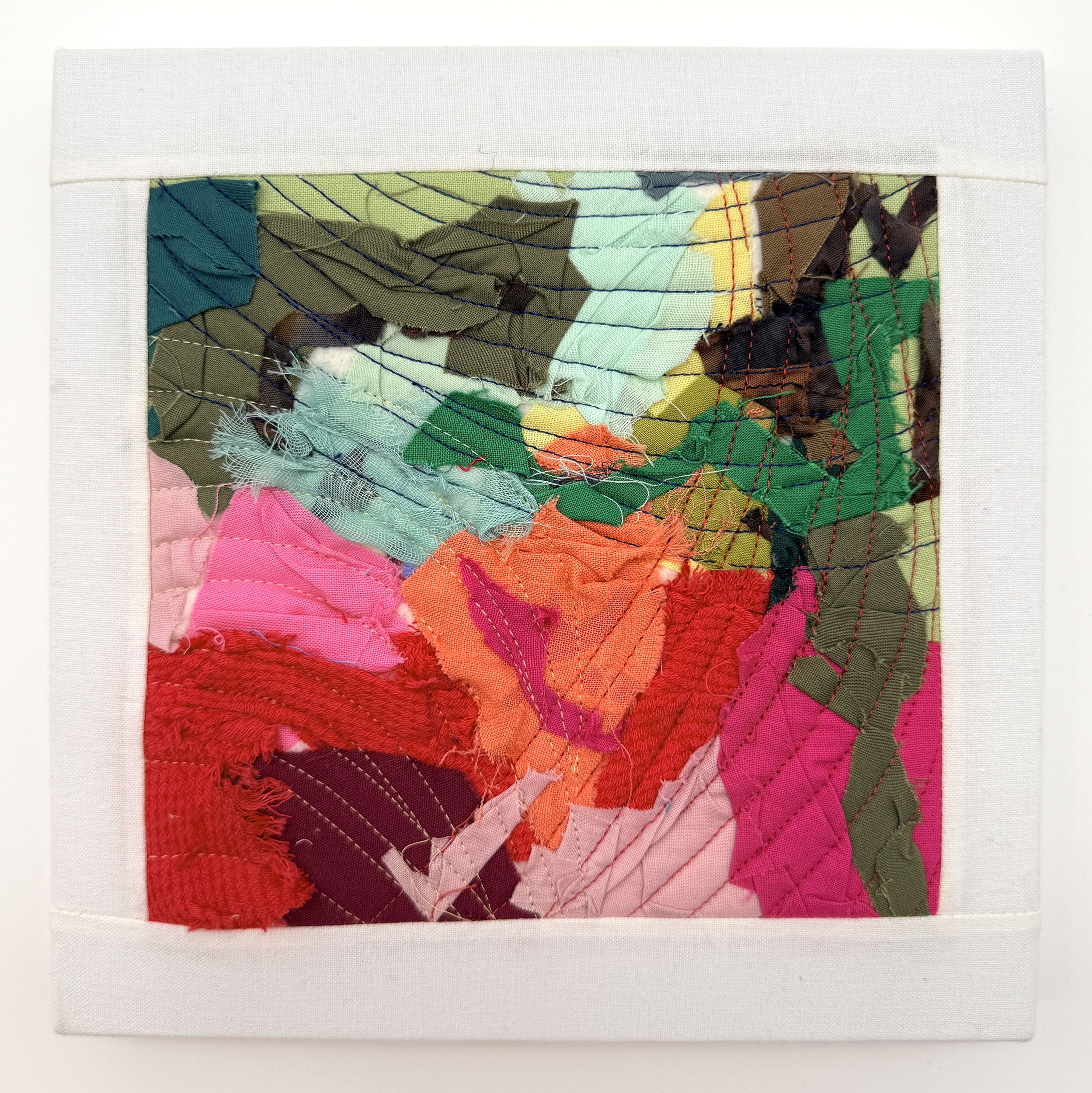 "Ramble (1)" 2026, fiber art, fabric, thread, cotton batting on wood stretcher bars, 8 x 8 inches