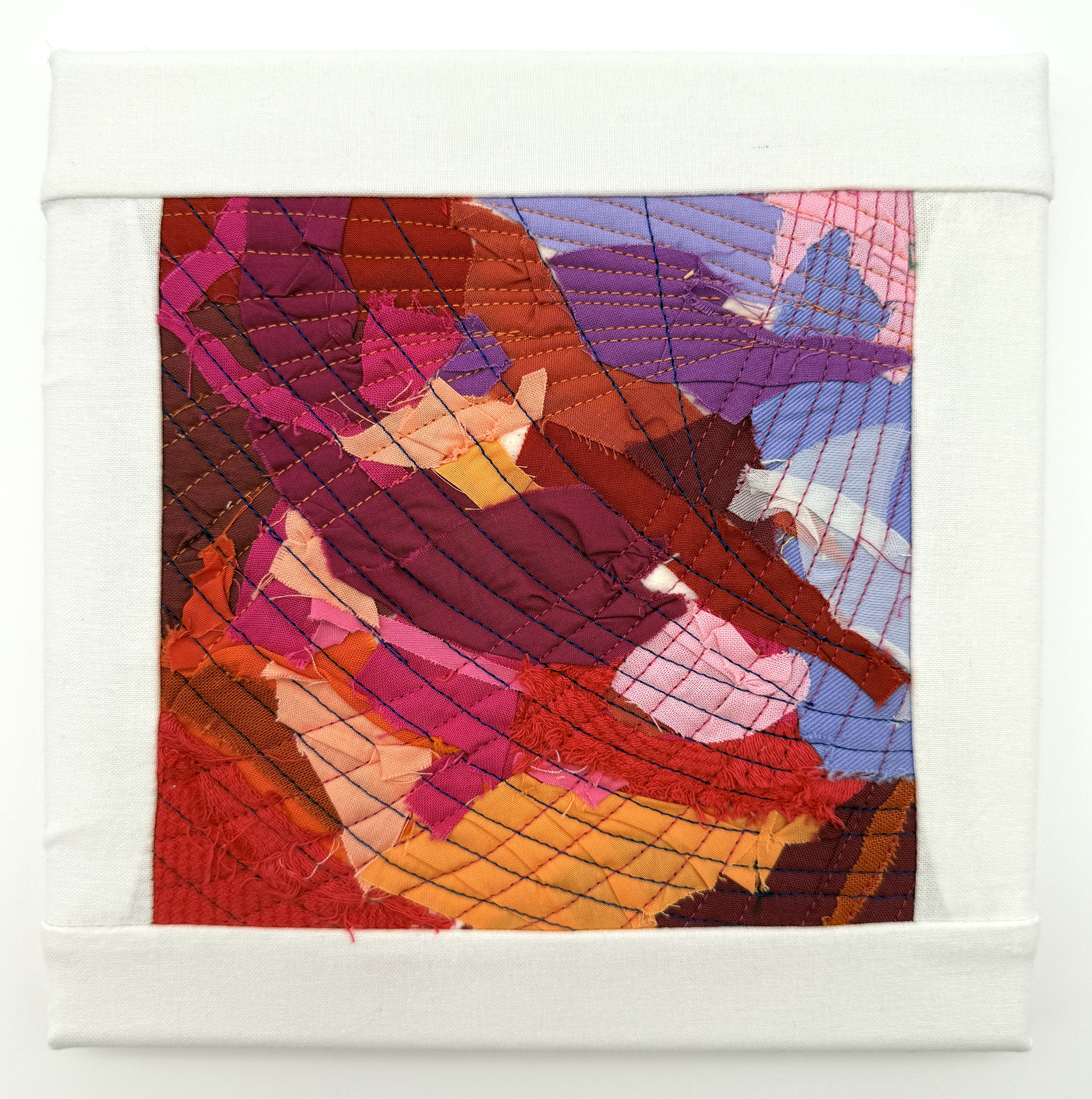 "Ramble (2)" 2026, fiber art, fabric, thread, cotton batting on wood stretcher bars, 8 x 8 inches