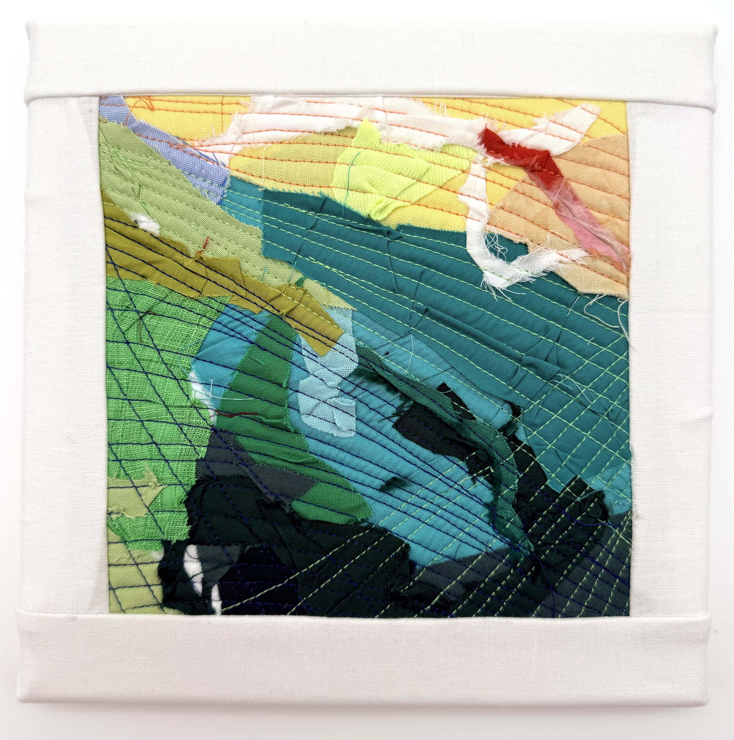 "Ramble (3)" 2026, fiber art, fabric, thread, cotton batting on wood stretcher bars, 8 x 8 inches