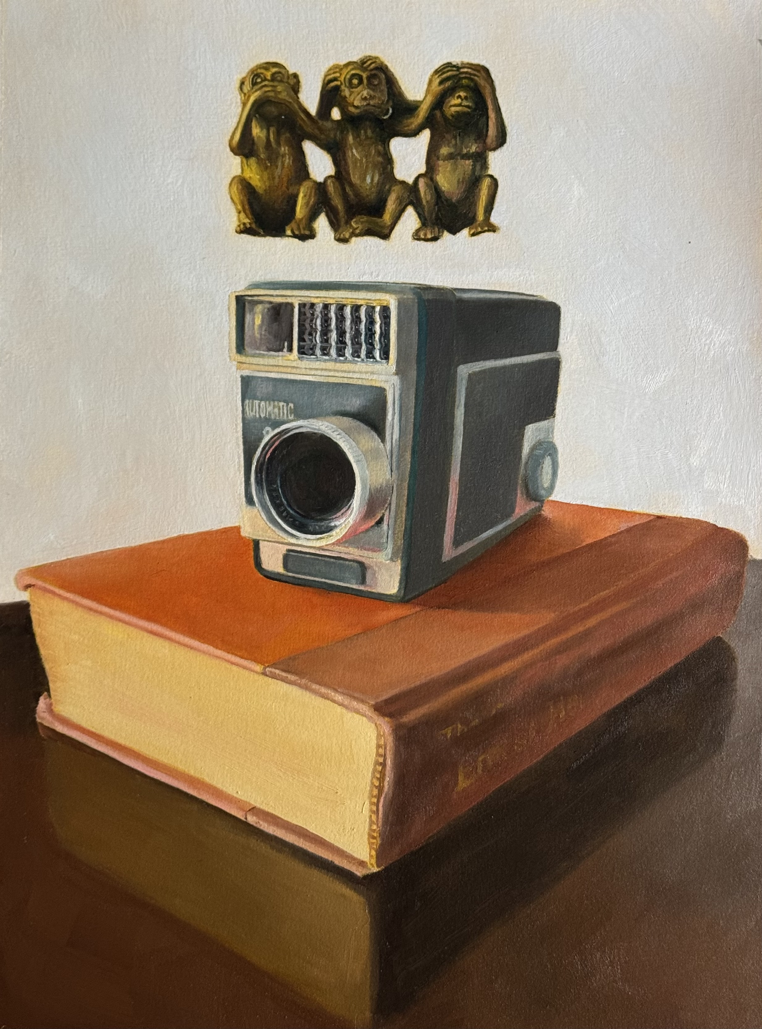 "3 Monkeys Floating" 2024, oil on oil paper on board, 16 x 12 inches