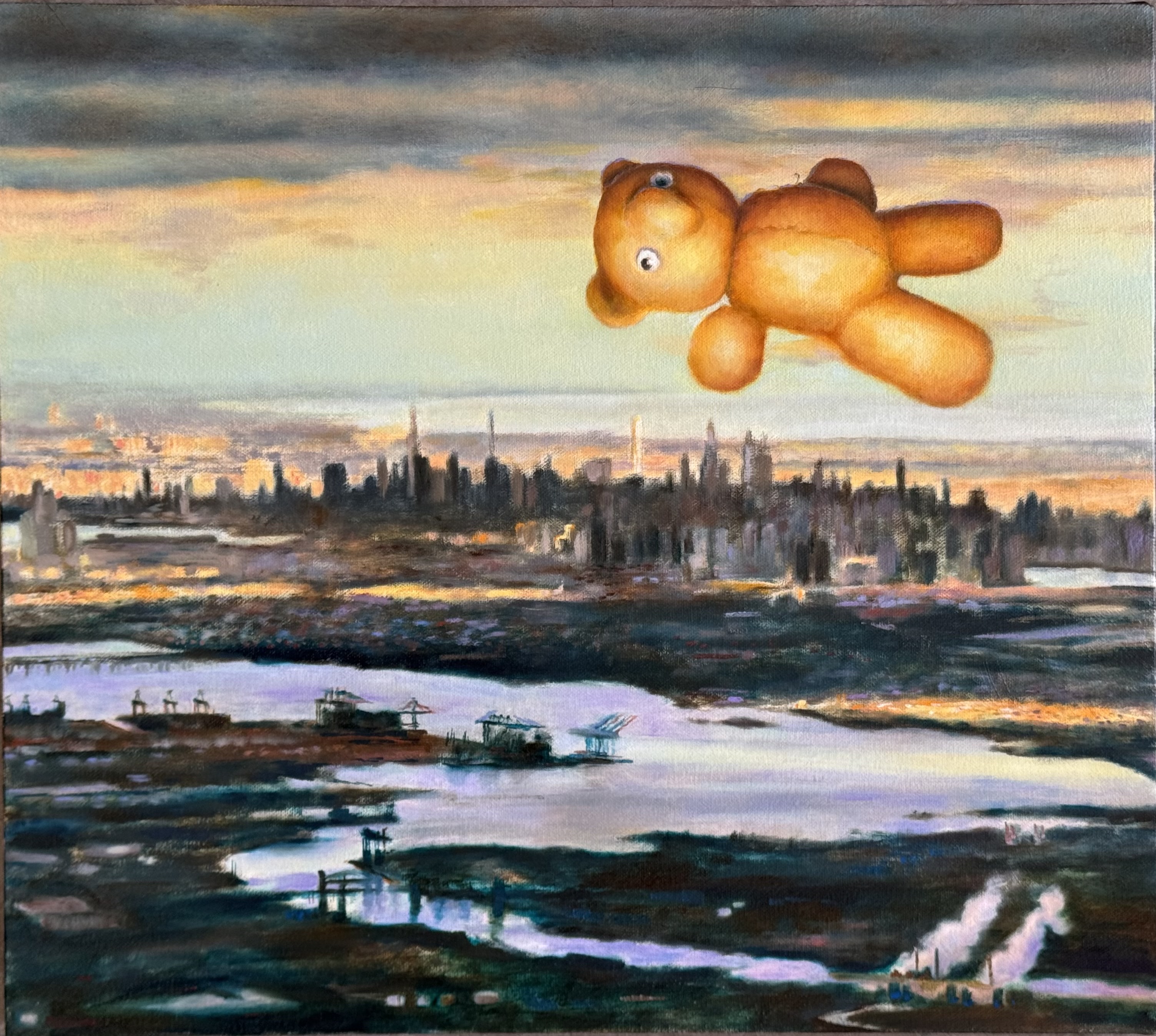 "Bear Sighted at Drone Level" 2026, painting, oil on cotton canvas, 16 x 18 inches