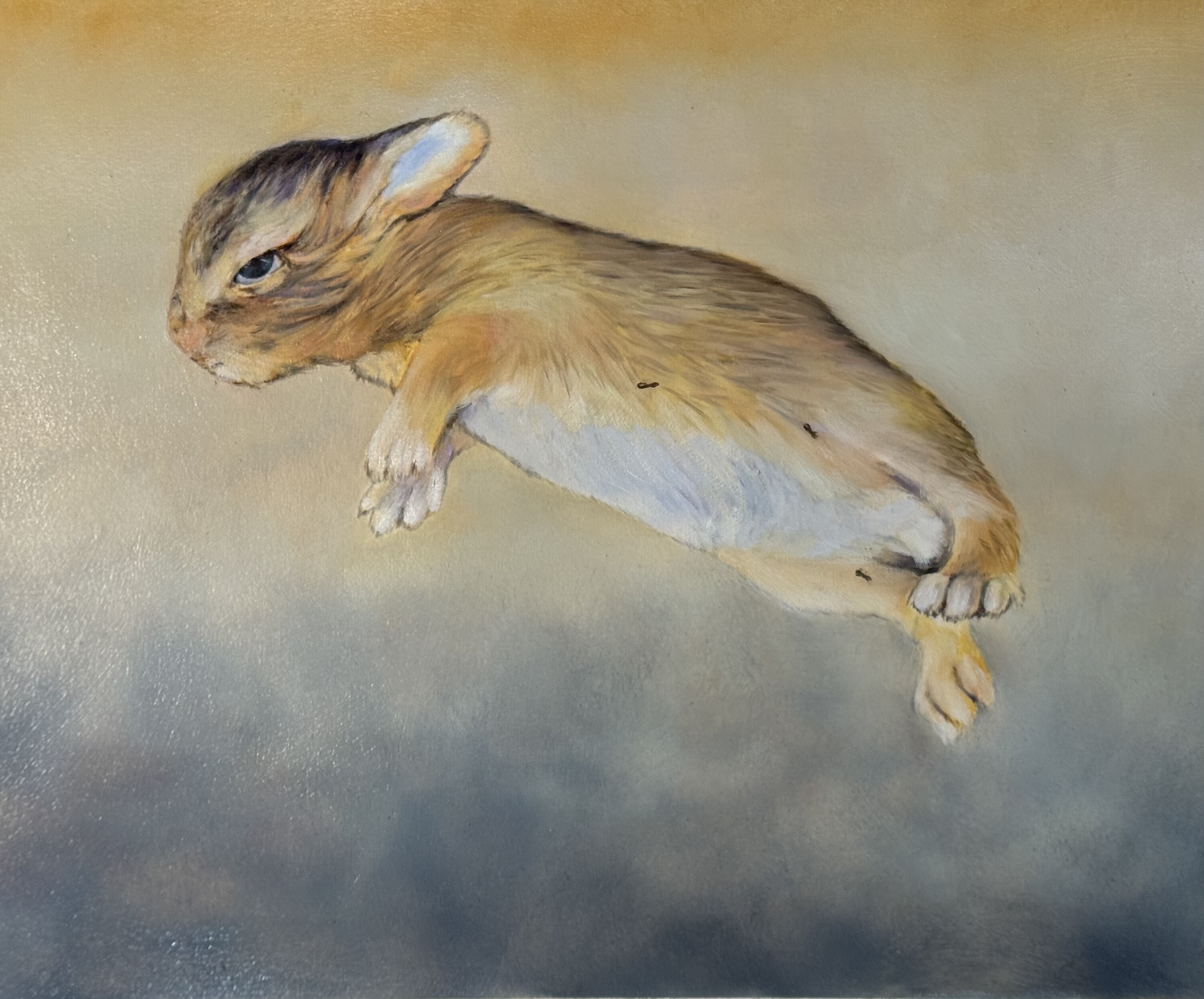 "Ode2: Prey Between Worlds" 2025, painting, oil on oil paper, 12 x 16 inches