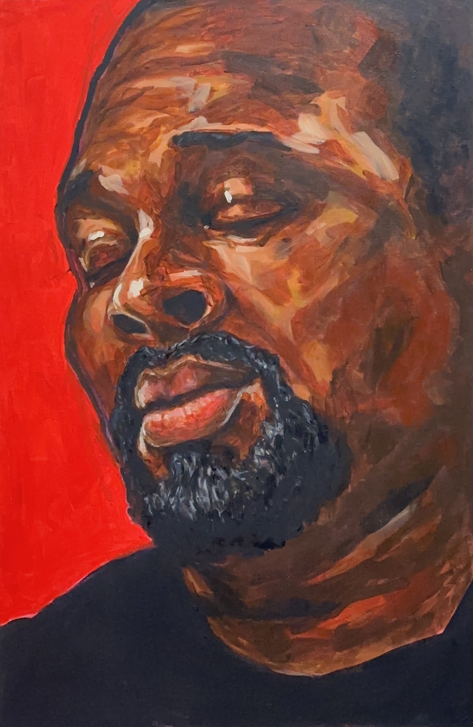 "Self Portrait in Red Room-Breathing, Still" 2026, painting, acrylic on canvas, 24 x 36 inches