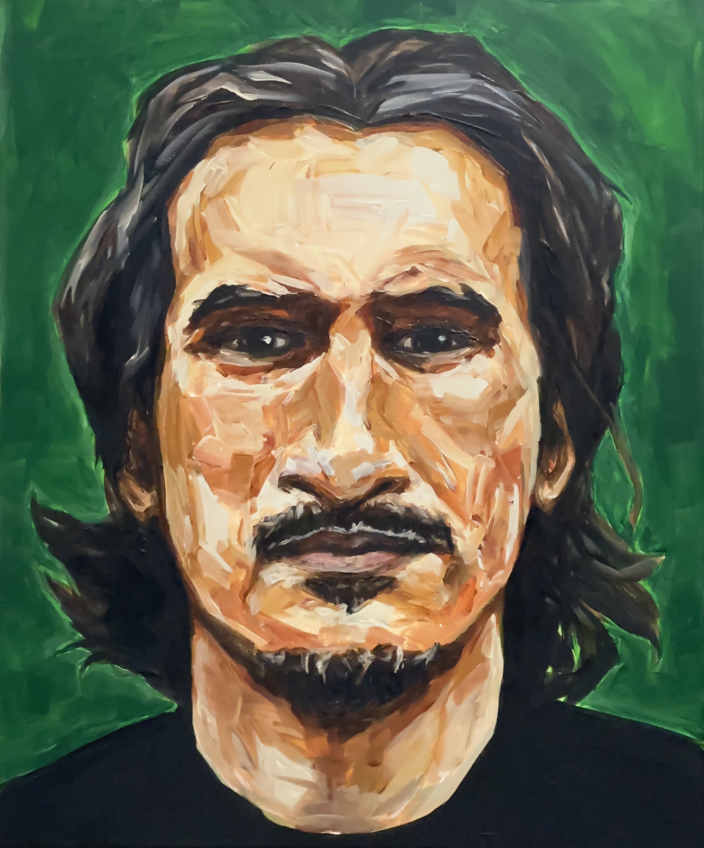 "Nathon, Black Shirt, Hooker Green Wall" 2025, painting, acrylic on canvas, 20 x 24 inches