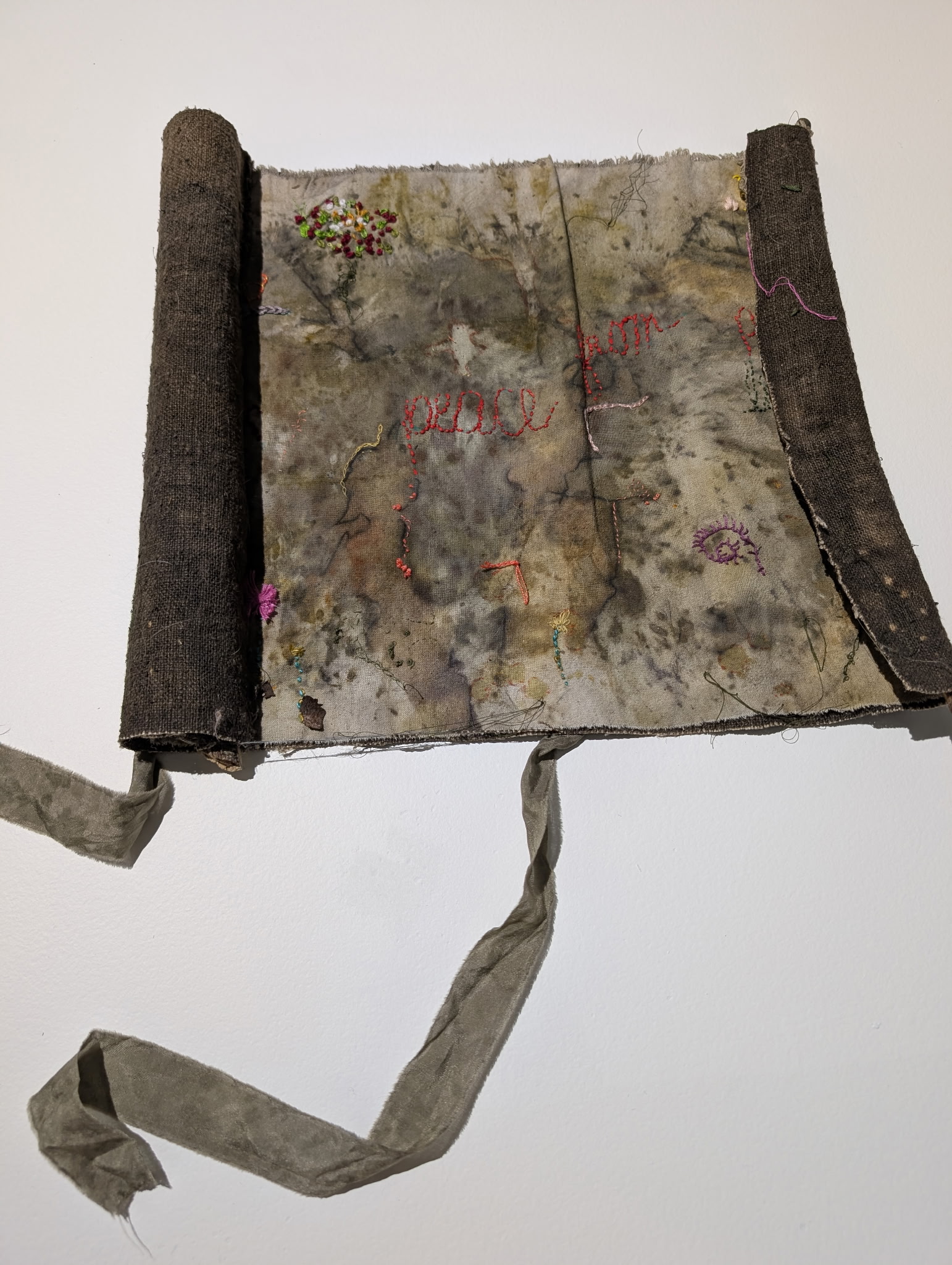 "Beyond the Beyond" 2025, naturally dyed (leaves, bark and Iron) hemp, thread and sticks, 29" l 29" w