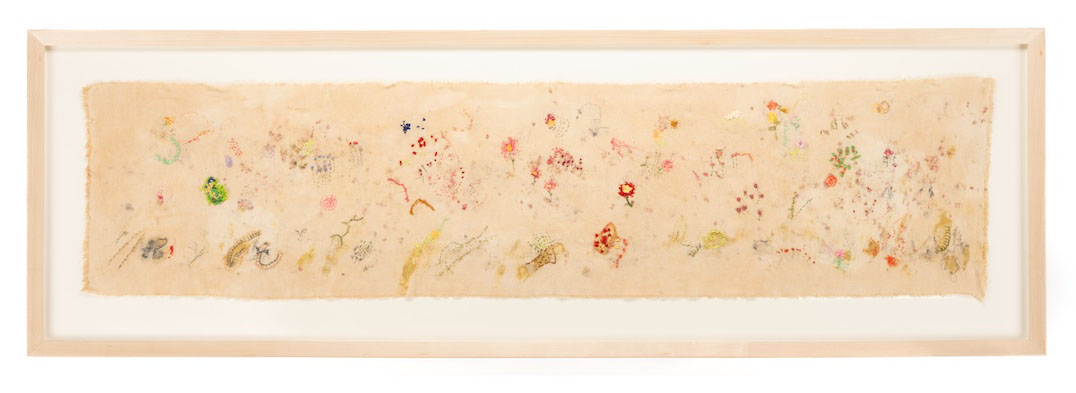 "Stitching in the Garden" silk and cotton threads, bundle-dyed silk, 49” l x 16" w
