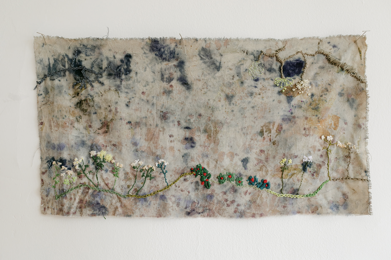 "The Midwife's Meadow" 2024, embroidery thread on bundle-dyed silk, 29' l x 29 w