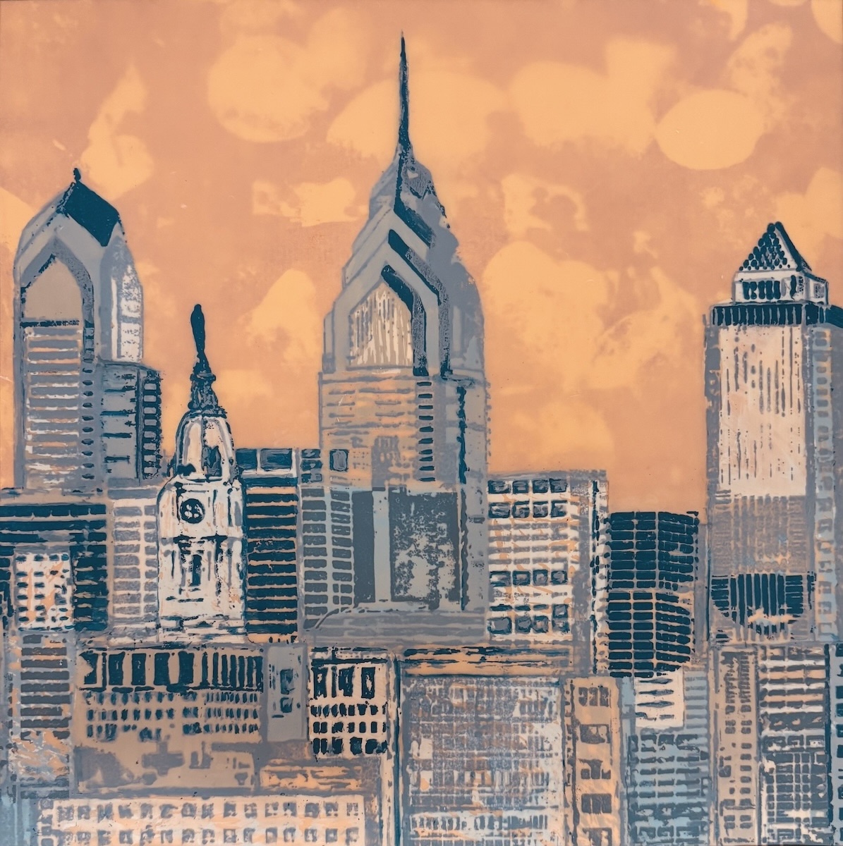 "View From New Street" monoprint with silkscreen and hand painting, 18” x 18”