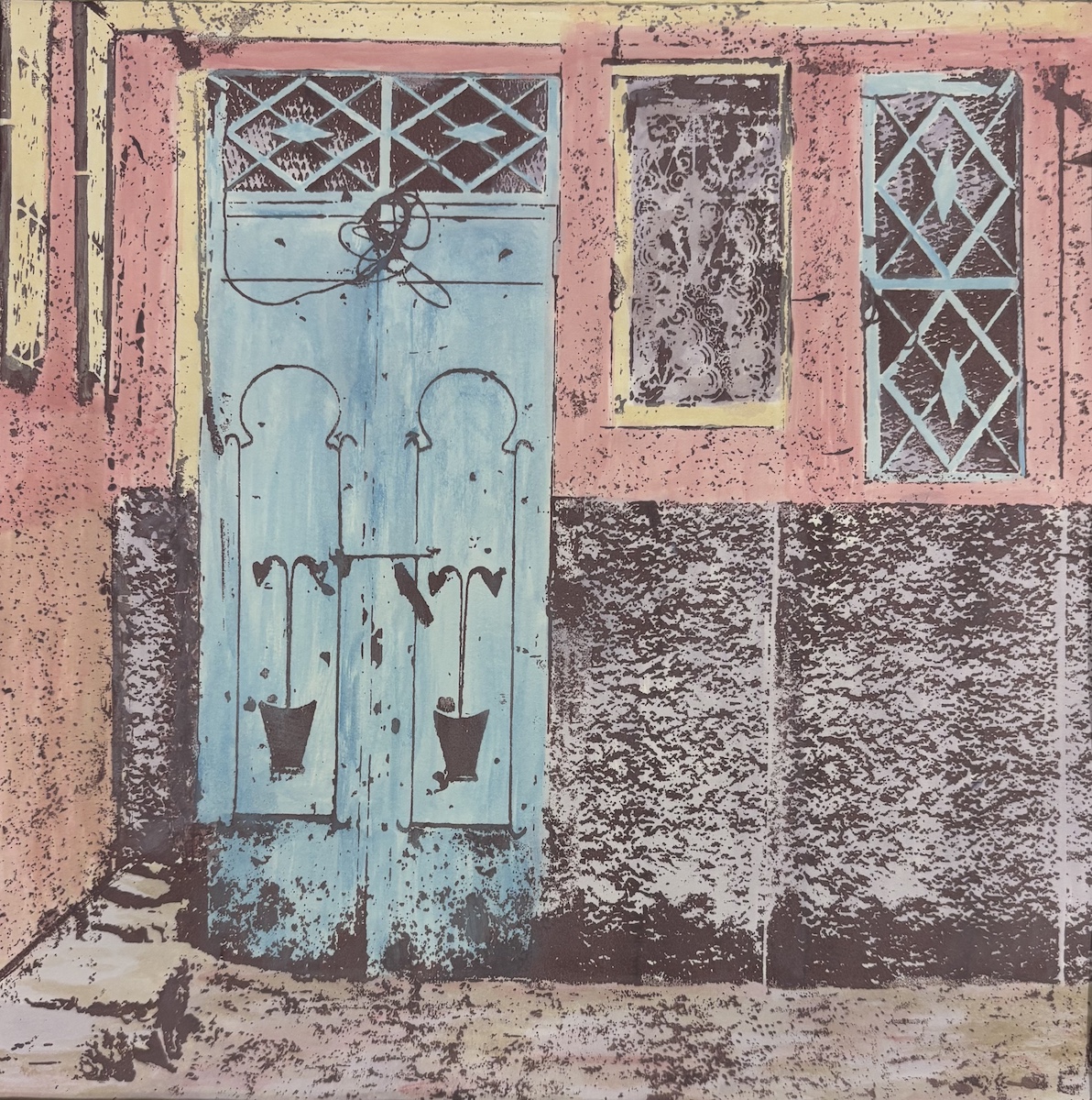 "Rissani, Morocco" monoprint with silkscreen and hand painting, 18” x 18”