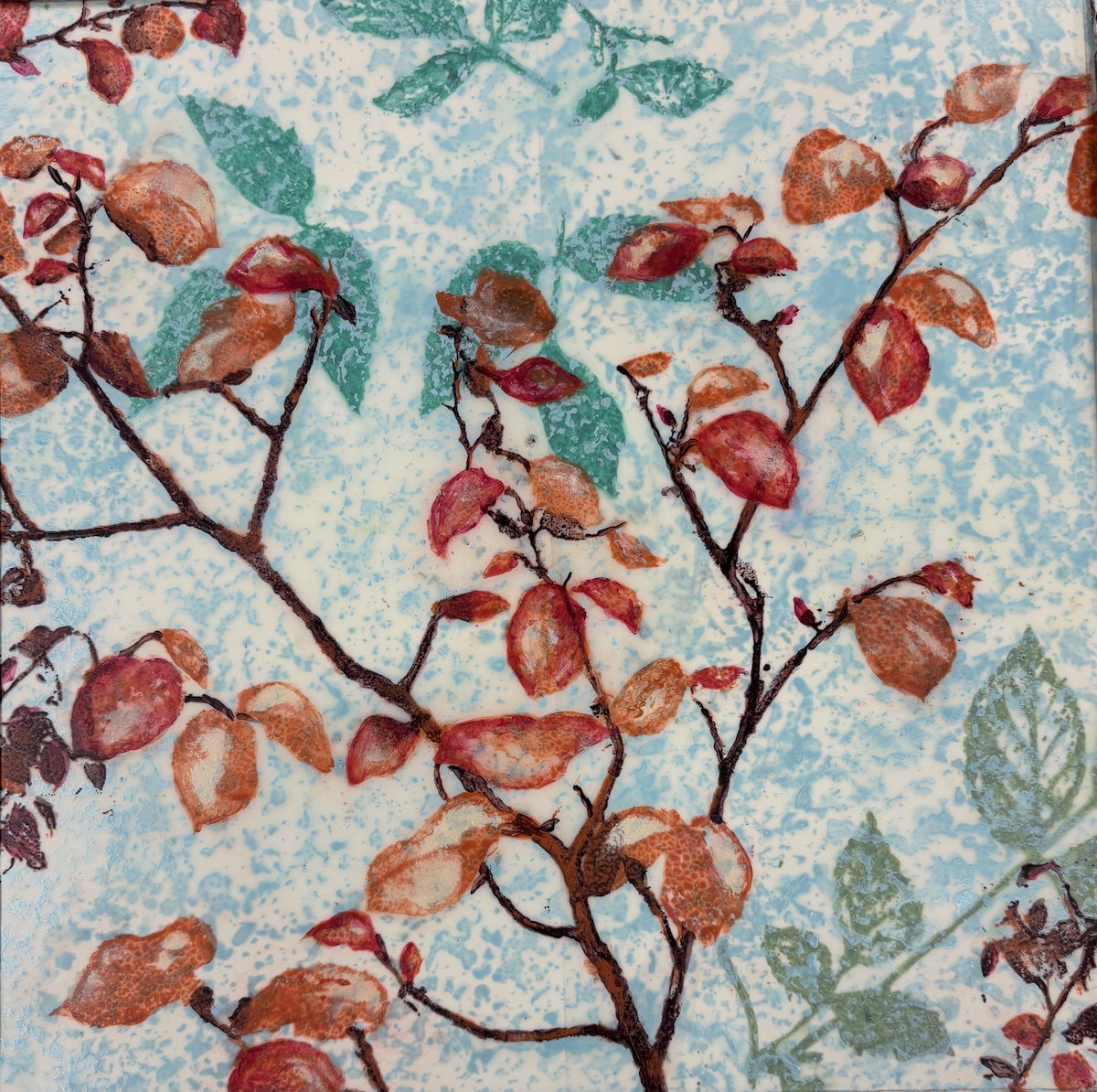 "Spring Woods" monoprint with silkscreen and hand painting, 18” x 18”