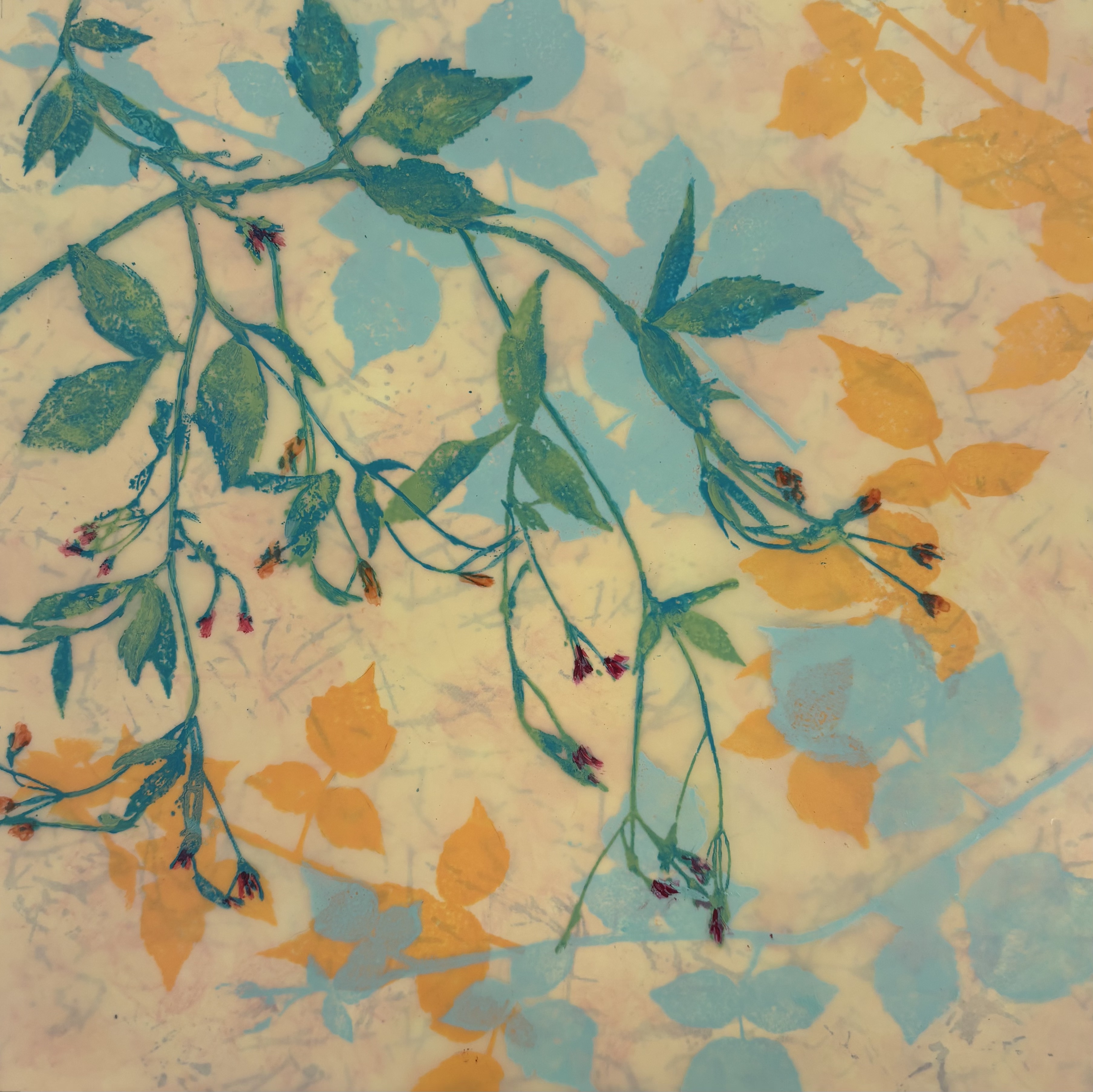 "July Morning I" monoprint with silkscreen and hand painting, 18” x 18”