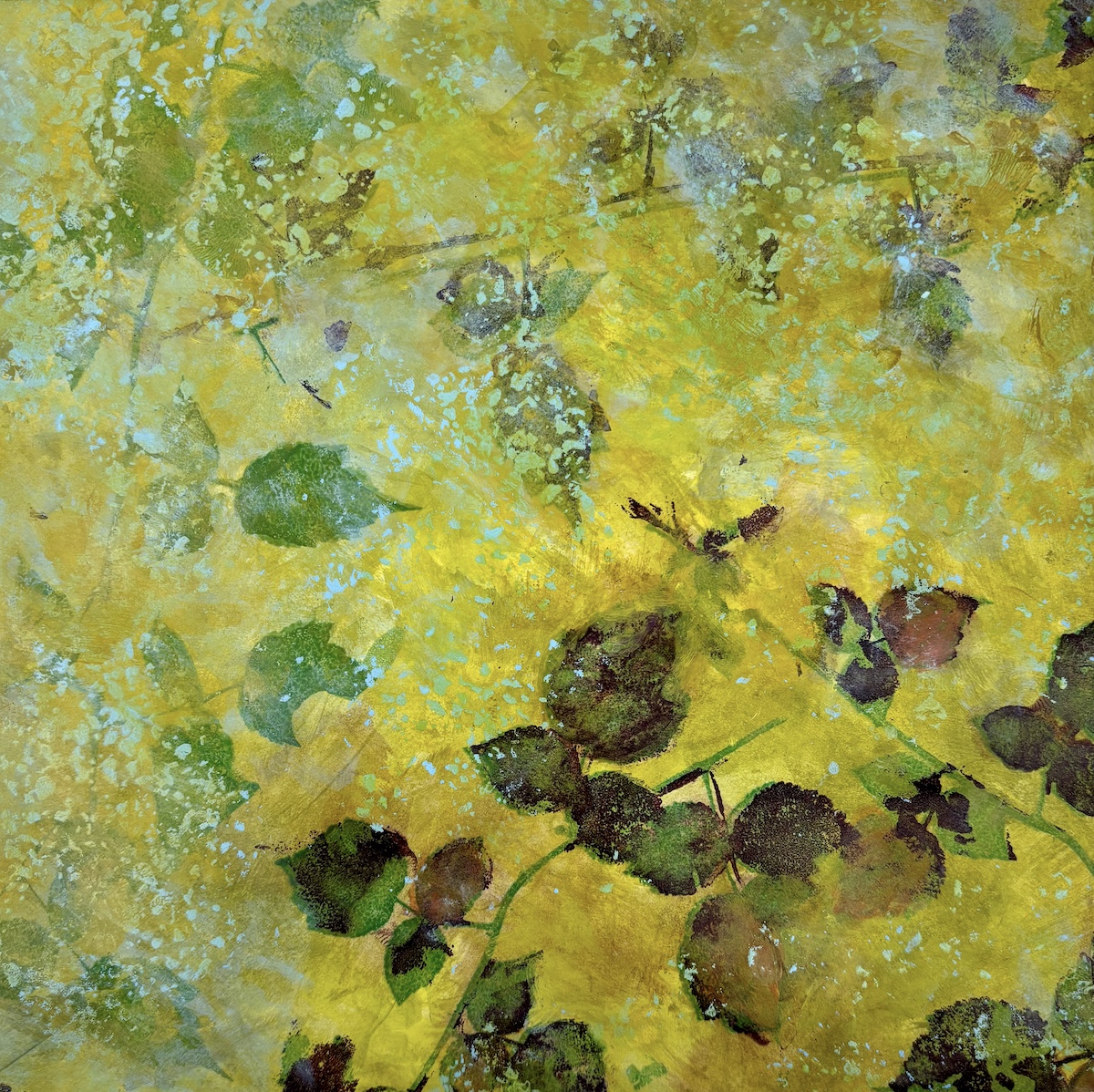 "After the Rain" monoprint with silkscreen and hand painting, 18” x 18”