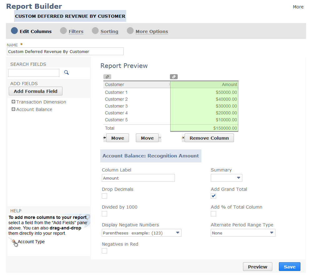 A screenshot of the NetSuite Report Builder interface.