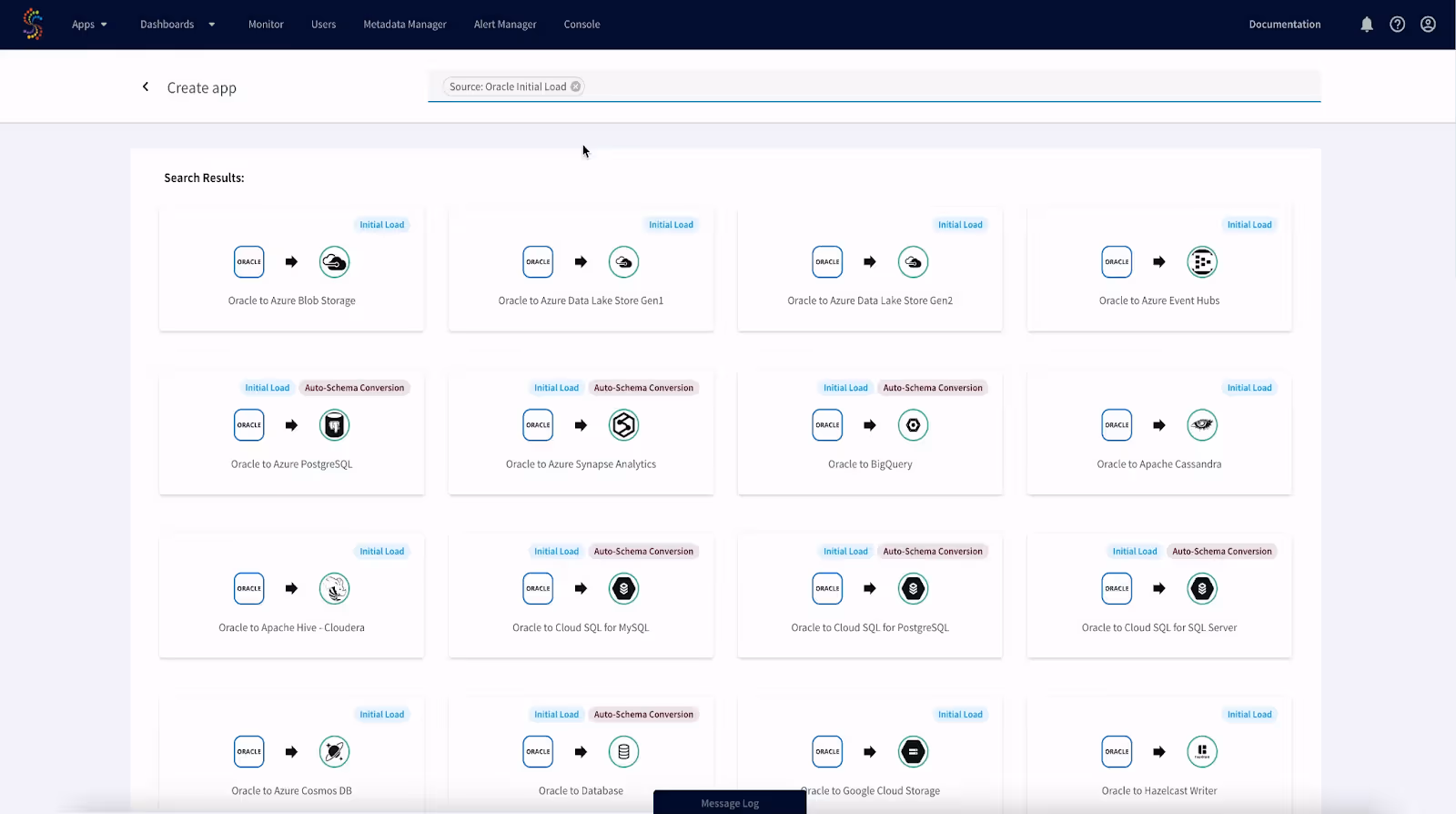 A dashboard showing how to create pipelines to stream data from Oracle to Databricks using Striim.