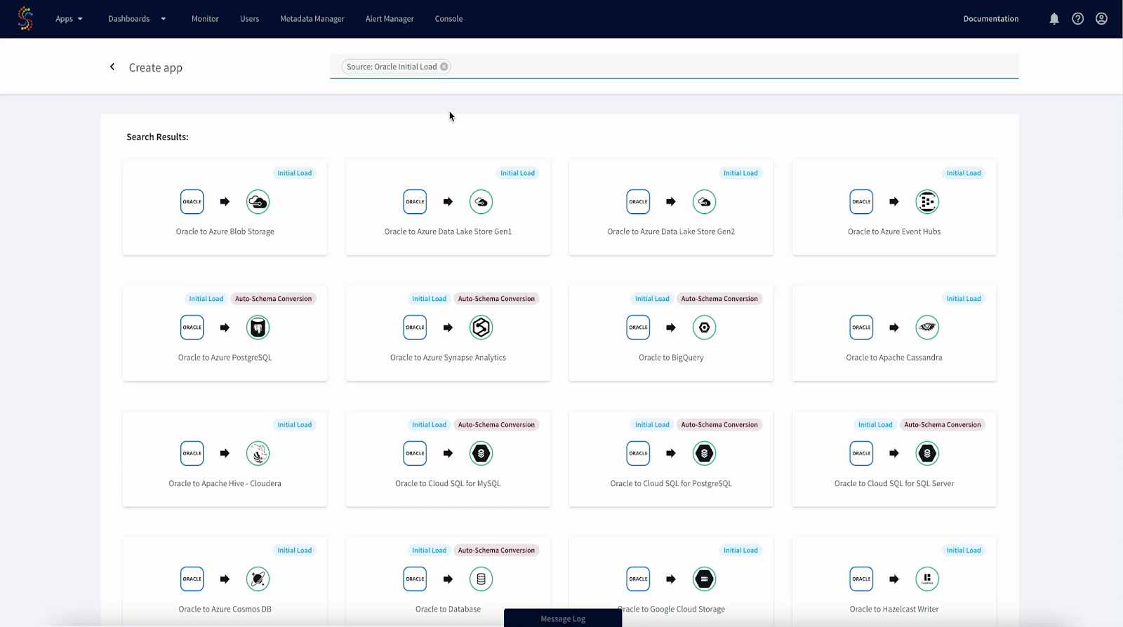 A dashboard showing how to create pipelines to stream data from Oracle to Databricks using Striim.