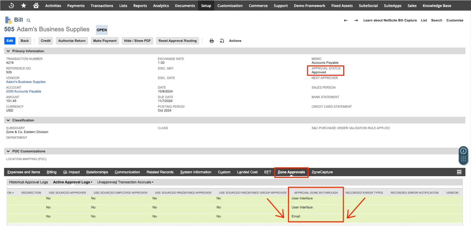ZoneApprovals dashboard displaying approval status for a vendor invoice.