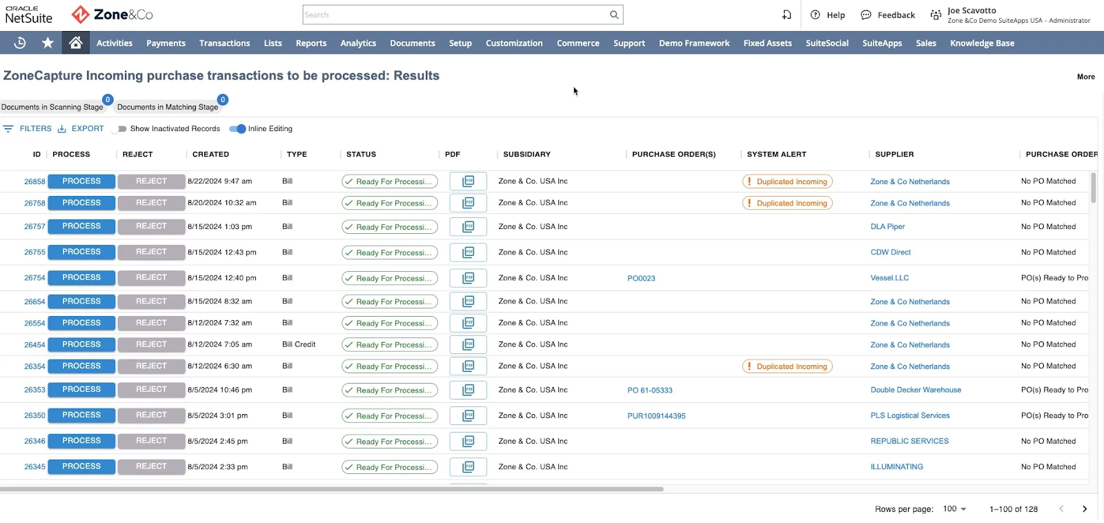 Zone & Co dashboard showing incoming purchase transactions waiting for processing within NetSuite ERP.