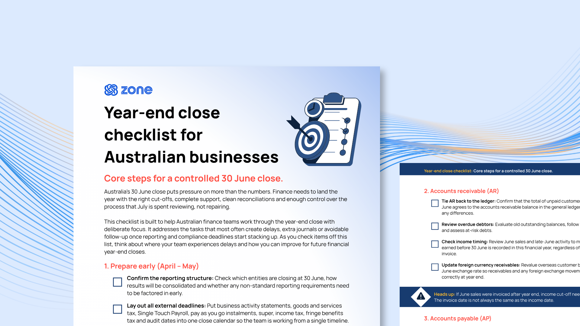 A preview of the Australia year-end close checklist downloadable PDF on a light blue background with wavy digital lines flowing horizontally across the image.