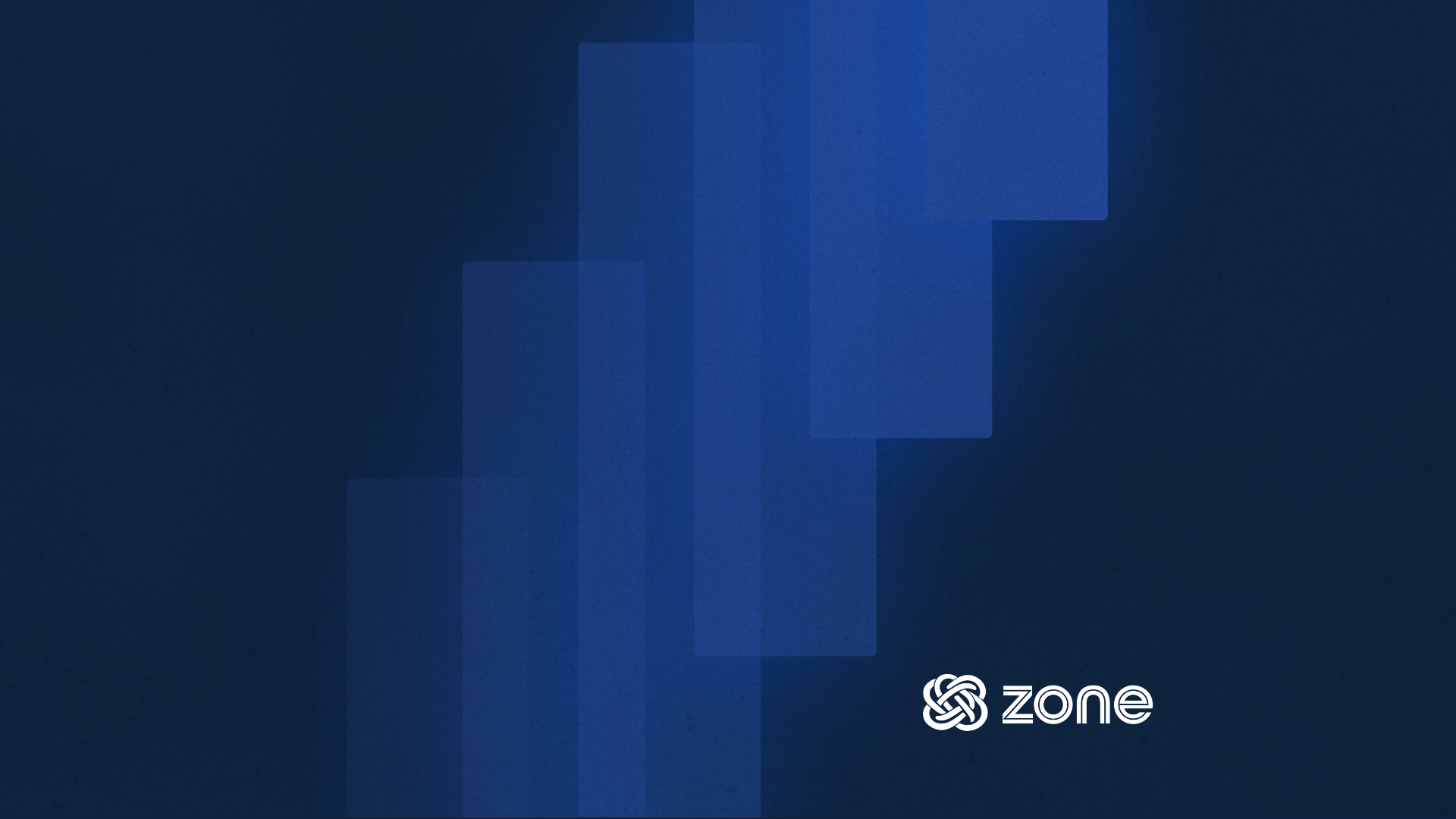 A dark blue graphic illustration of overlapping rectangles moving up and to the right across the image. A white Zone & Co logo in the bottom right corner.