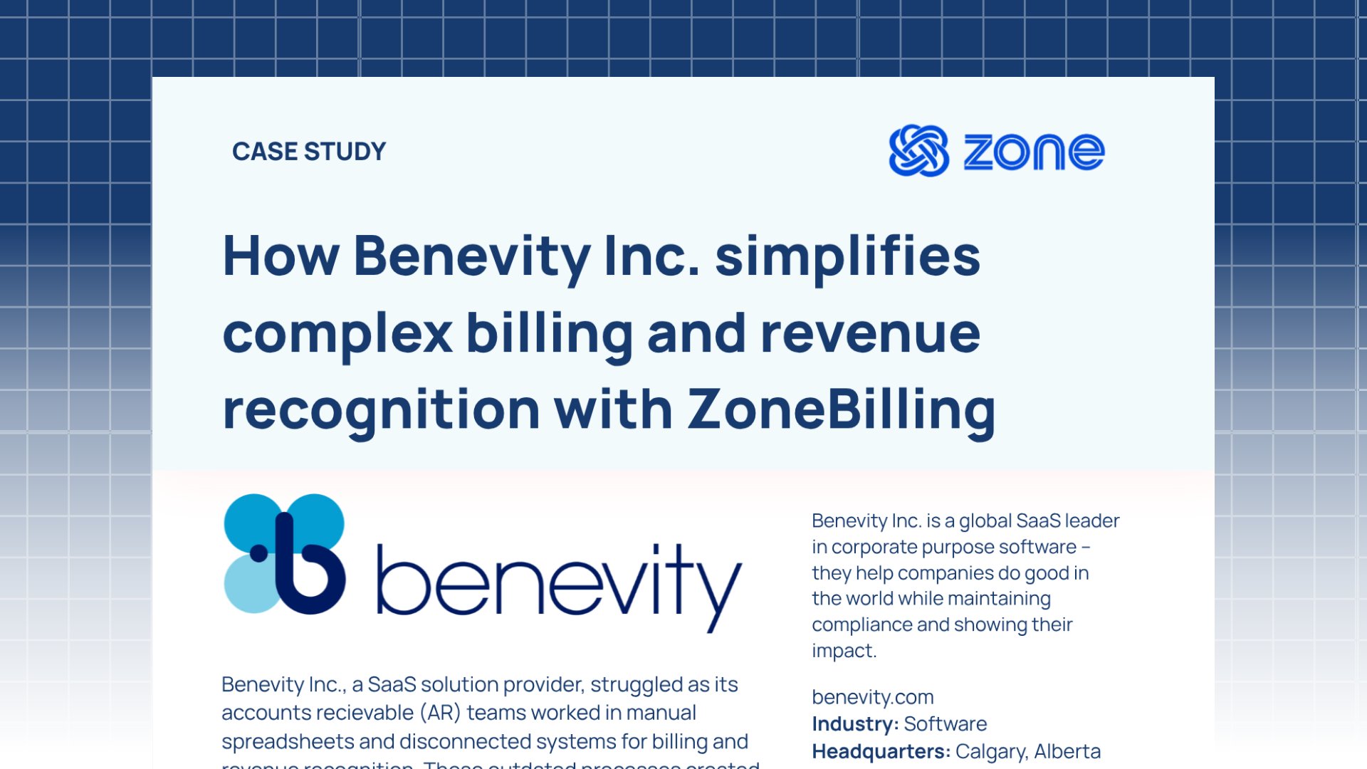 A preview of the Benevity case study downloadable PDF on a blue-to-white gradient gridline background.