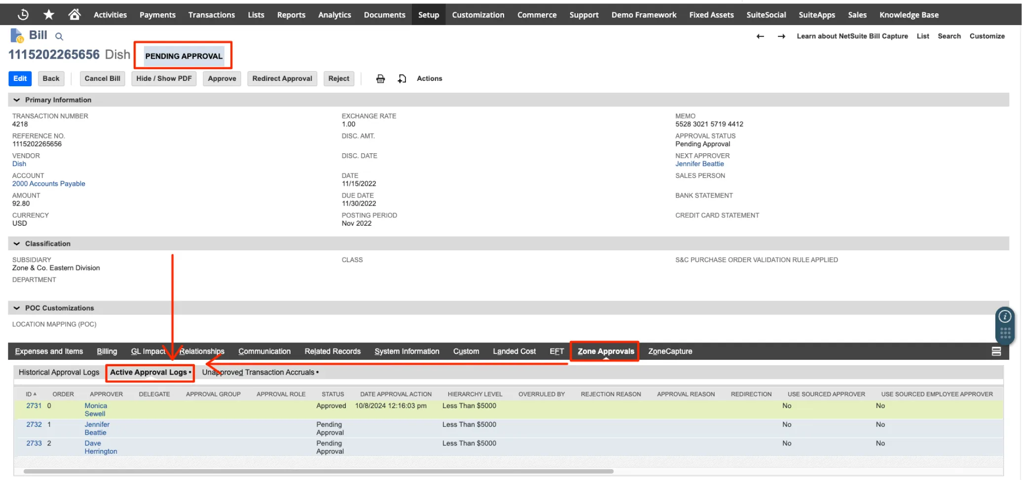 Screenshot of an approval workflow screen within a financial or ERP software interface. The page displays a bill record with transaction details at the top and a status marked as "Pending Approval." Tabs and navigation options are visible, with the "Zone Approvals" tab selected, showing a list of approvers and their statuses in a log below.