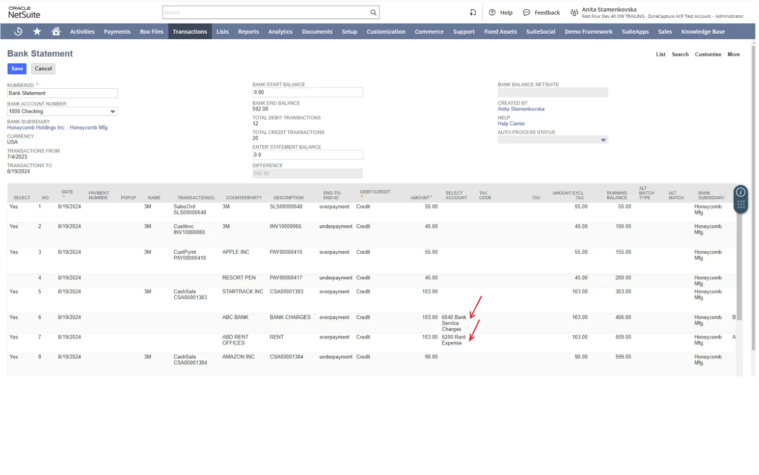 Screenshot of a financial software interface displaying a bank statement. The screen includes a form with fields for account and date details, along with a table listing multiple financial transactions. The interface contains navigation tabs at the top and various columns showing transaction information.