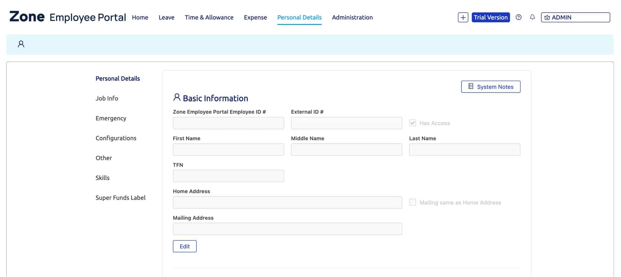 Zone Employee Portal Personal Details tab dashboard screenshot.