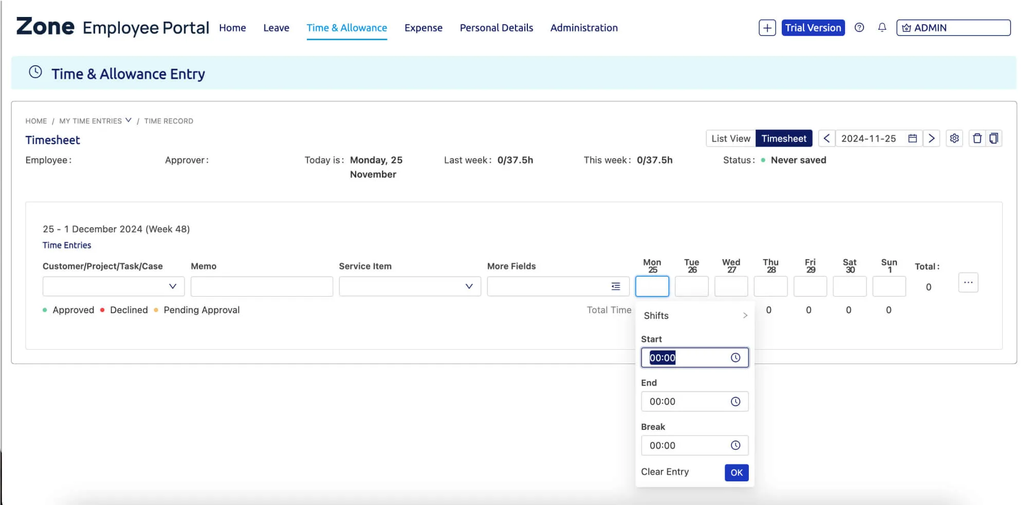 Zone Employee Portal Time & Allowance tab dashboard screenshot.