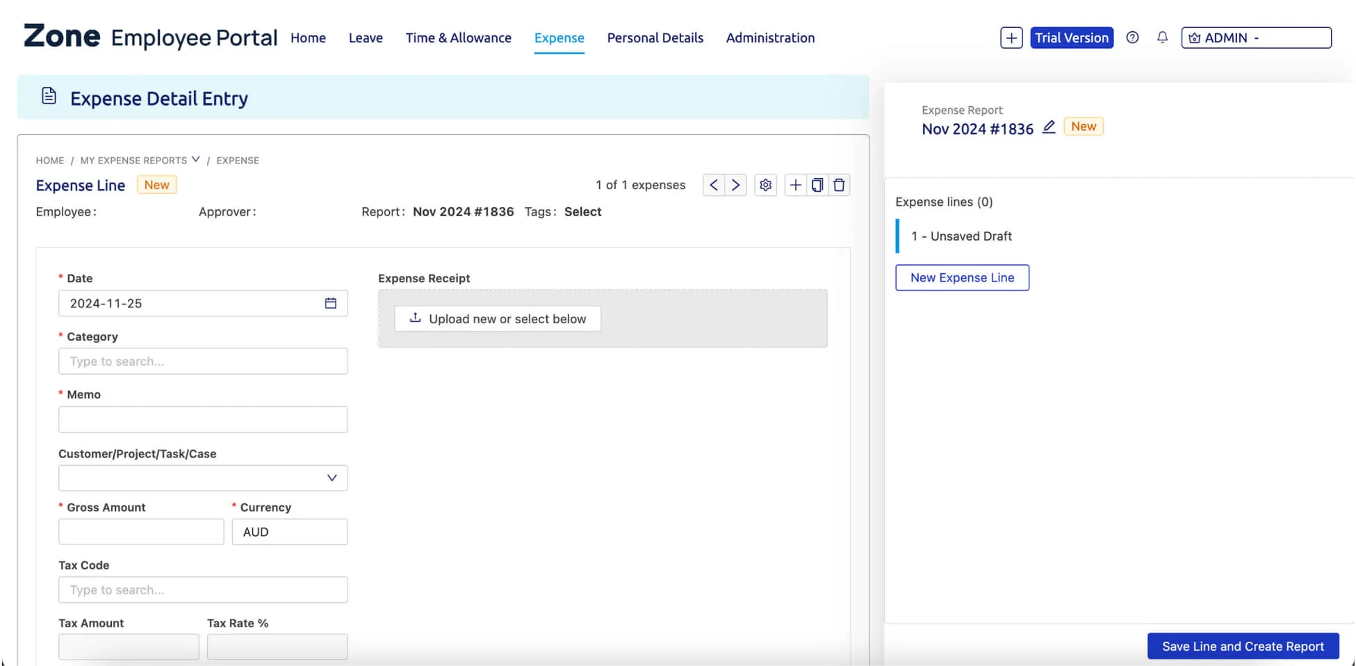 Zone Employee Portal Expense Detail tab dashboard screenshot.