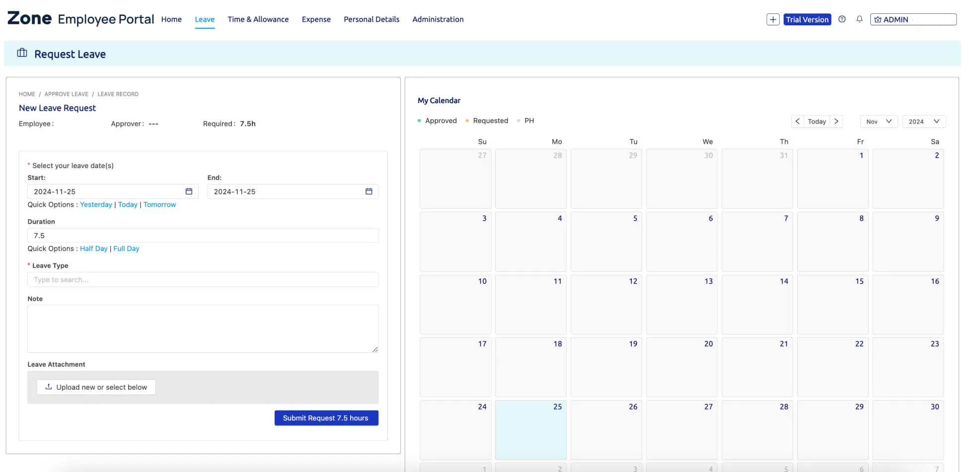Zone Employee Portal Request Leave tab dashboard screenshot.