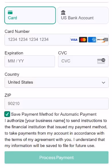 Screenshot of an online payment form with fields to enter card details including card number, expiration date, CVC, country, and ZIP code. Options for saving the payment method and authorizing automatic payments are shown, along with a "Process Payment" button at the bottom.