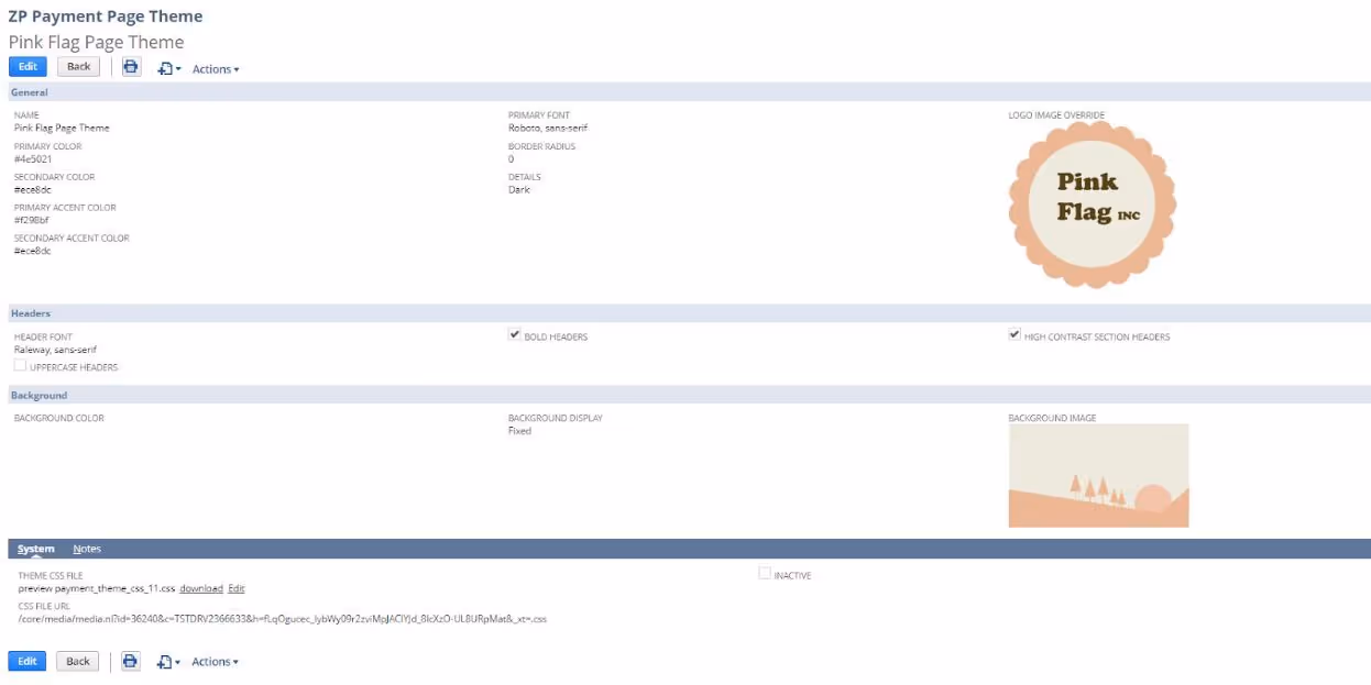 Screenshot of a theme customization interface for a payment page. It displays options to edit fonts, colors, logo, background, and header styles, along with a preview of a logo and background image. A system section at the bottom includes theme file details and editing options.
