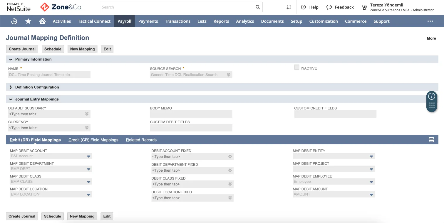 Screenshot of the Journal Mapping Definition page in Oracle NetSuite under Zone & Co branding. The interface displays fields for setting up journal entry mappings, including debit account, department, class, location, and related fixed fields. Tabs for Debit, Credit, and Related Records mappings are visible, along with buttons for creating a journal, scheduling, and editing mappings.