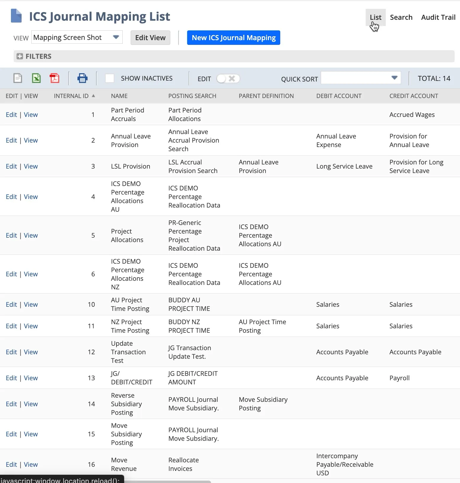 Screenshot of the ICS Journal Mapping List page in Oracle NetSuite. It shows a table of journal mappings with columns for name, posting search, parent definition, debit account, and credit account. Action buttons and filters appear at the top, including options to create a new mapping and toggle inactive records.