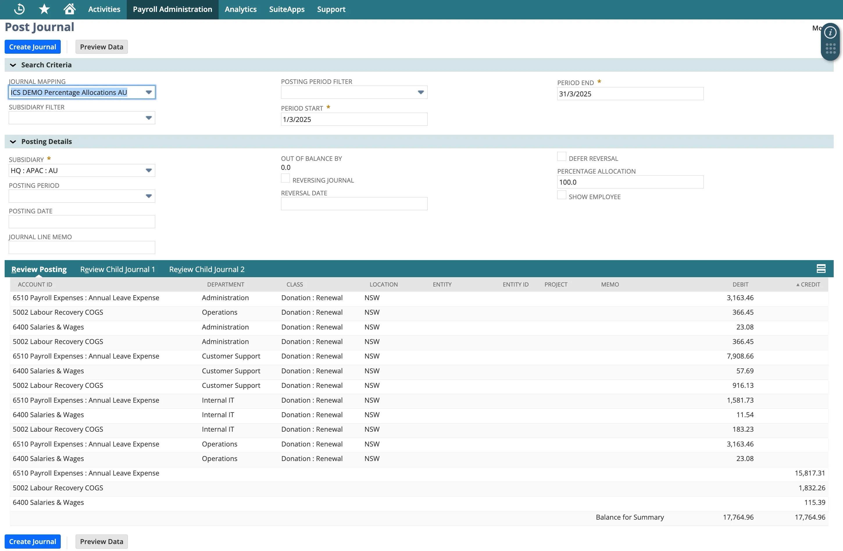 Screenshot of a journal posting interface titled "Post Journal" within a financial system. It shows search criteria and posting details at the top, with journal mapping, date range, and percentage allocation fields. The lower section displays a detailed journal entry table with columns for account ID, department, class, location, debit, and credit values, showing balanced financial data. Options to create or preview the journal are available at the bottom.