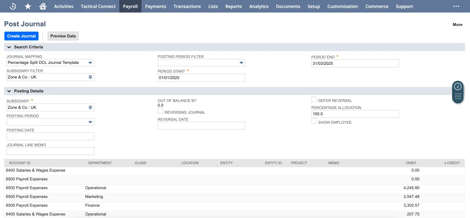 Screenshot of a "Post Journal" interface in a financial system. The top section includes search criteria with journal mapping, subsidiary filter, date range, and percentage allocation. The lower section displays journal entry details with columns for account ID, department, debit, and credit amounts, showing payroll and wage-related entries for various departments.