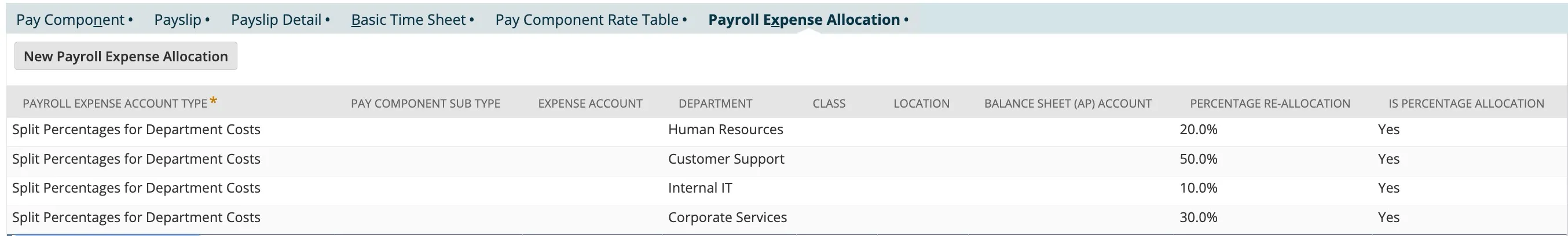 Screenshot of a "Payroll Expense Allocation" configuration screen showing a list of departmental cost splits. Each row displays payroll expense account type, department, and percentage re-allocation values, with all entries marked as using percentage-based allocations.