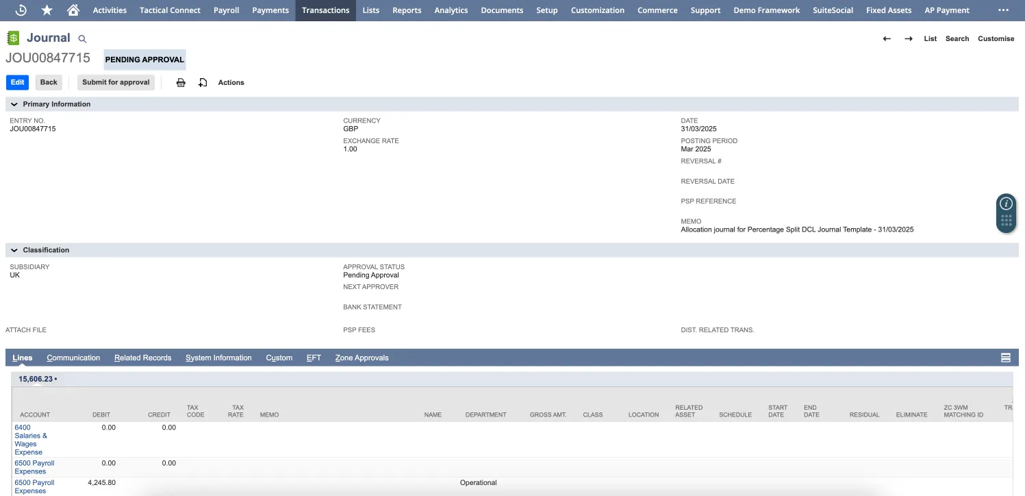Screenshot of a journal entry in a financial system with a status of “Pending Approval.” The top section displays general information such as date, currency, posting period, subsidiary, and memo. The lower section shows journal line entries with account names, debit amounts, department details, and other transaction attributes. Tabs for related data like communication and approvals are visible.