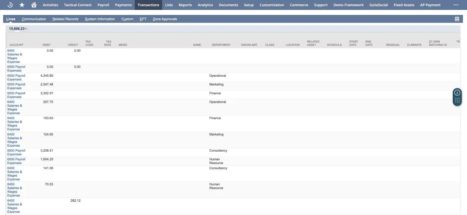Screenshot of the “Lines” tab within a journal entry interface showing a detailed breakdown of payroll and wage expense transactions. The table includes columns for account, debit, credit, department, and gross amount. Entries are categorized by departments such as Operational, Marketing, Finance, Consultancy, and Human Resources, with corresponding financial values.