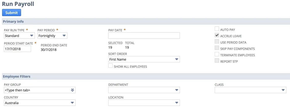Screenshot of a "Run Payroll" configuration screen showing options for payroll processing. Fields include pay run type, pay period, start and end dates, pay date, and employee filters such as country, department, and location. Additional checkboxes on the right allow options like auto pay, accrue leave, and report STP. A "Submit" button is located at the top.