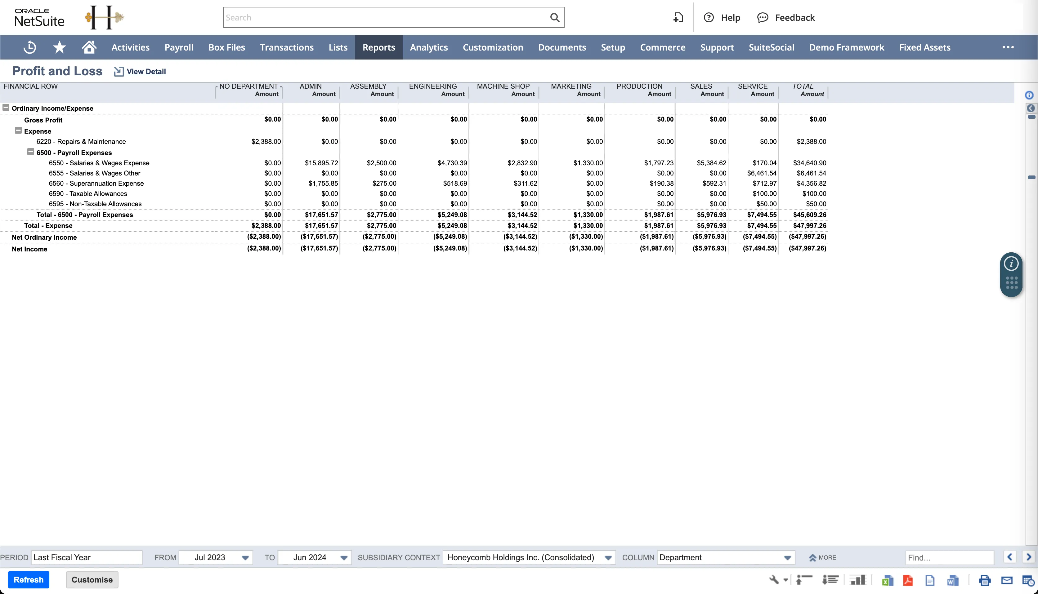 Screenshot of a Profit and Loss report in Oracle NetSuite, showing departmental breakdowns of income and expenses for the fiscal year from July 2023 to June 2024. The report includes payroll expenses, such as salaries, wages, and superannuation, across multiple departments like Admin, Engineering, Marketing, Sales, and Service. Totals and net income values are displayed at the bottom of the table, with negative figures in parentheses indicating losses.