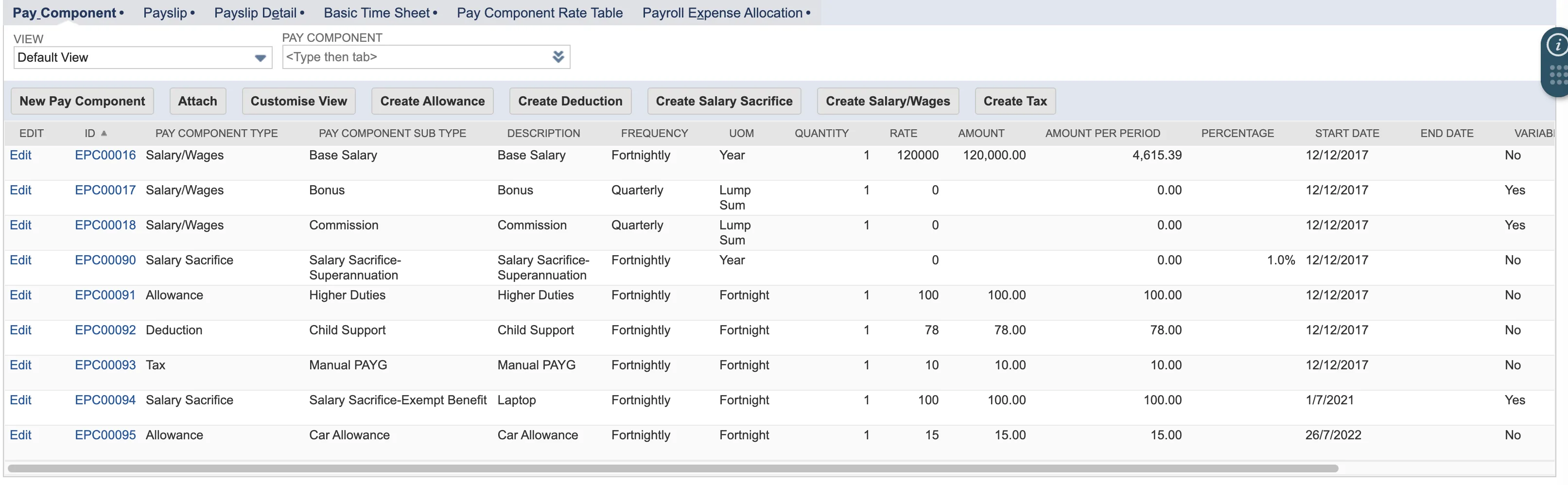 Screenshot of the “Pay Component” screen in a payroll management system. The table lists various pay components such as Base Salary, Bonus, Commission, Salary Sacrifice, Allowances, Deductions, and Taxes. Each row includes details like frequency (e.g., fortnightly, quarterly), rate, amount, start date, and whether the component is variable. Options above the table include buttons to create new components or customize the view.
