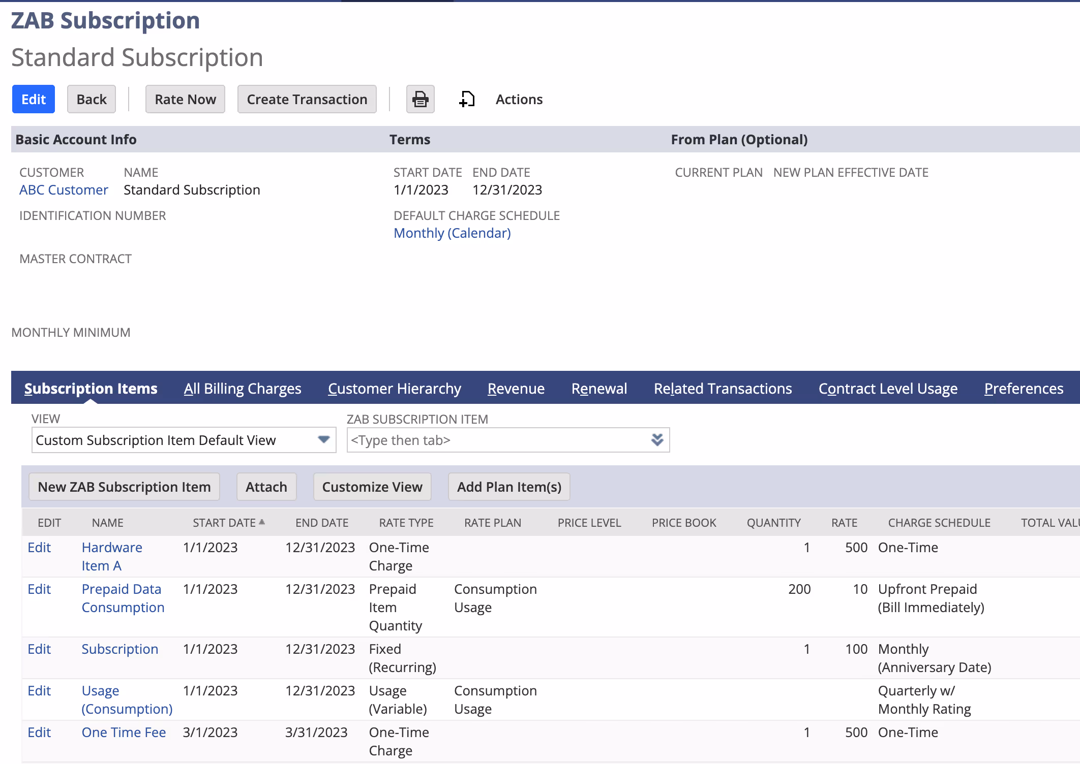 ZAB Subscription interface showing a Standard Subscription for customer ABC. The subscription runs from January 1, 2023, to December 31, 2023, with multiple subscription items listed below including one-time charges, prepaid consumption, fixed recurring, and variable usage charges.