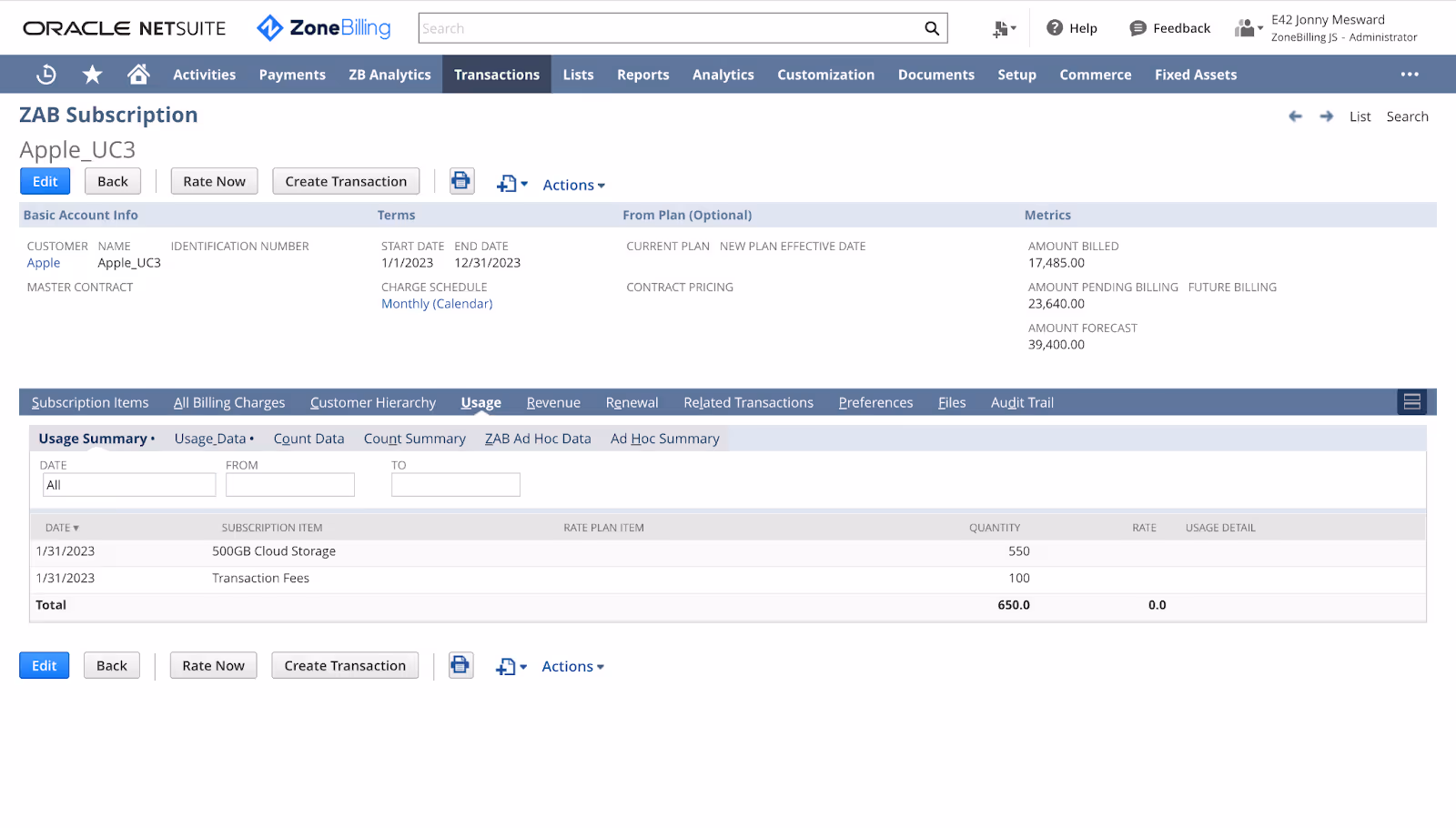 ZAB Subscription interface for Apple_UC3 customer. Shows subscription details including billed amount, pending billing, and forecast. A usage summary is listed with items like cloud storage and transaction fees.