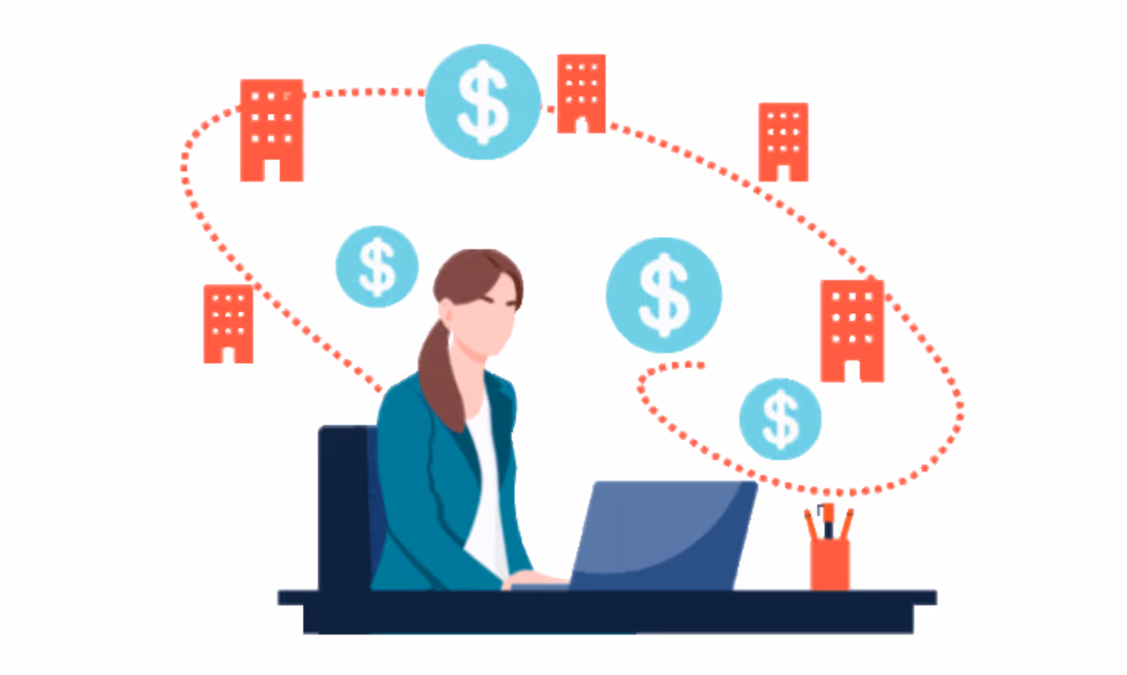 Illustration of a woman working on a laptop at a desk, surrounded by icons of red buildings and blue dollar signs connected with red dotted lines. The visual suggests financial transactions or business operations across multiple entities or locations. A pencil holder with stationery is also visible on the desk.