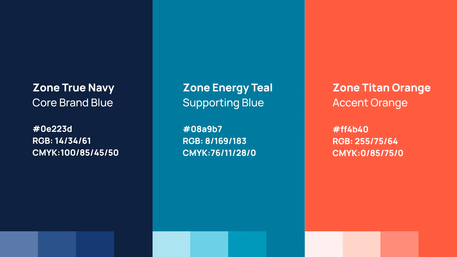 Zone True Navy
Core Brand Blue
#0e223d
RGB: 14/34/61
CMYK:100/85/45/50
Zone Energy Teal
Supporting Blue
#08a9b7
RGB: 8/169/183
CMYK:76/11/28/0
Zone Titan Orange
Accent Orange
#ff4b40
RGB: 255/75/64
CMYK:0/85/75/0
