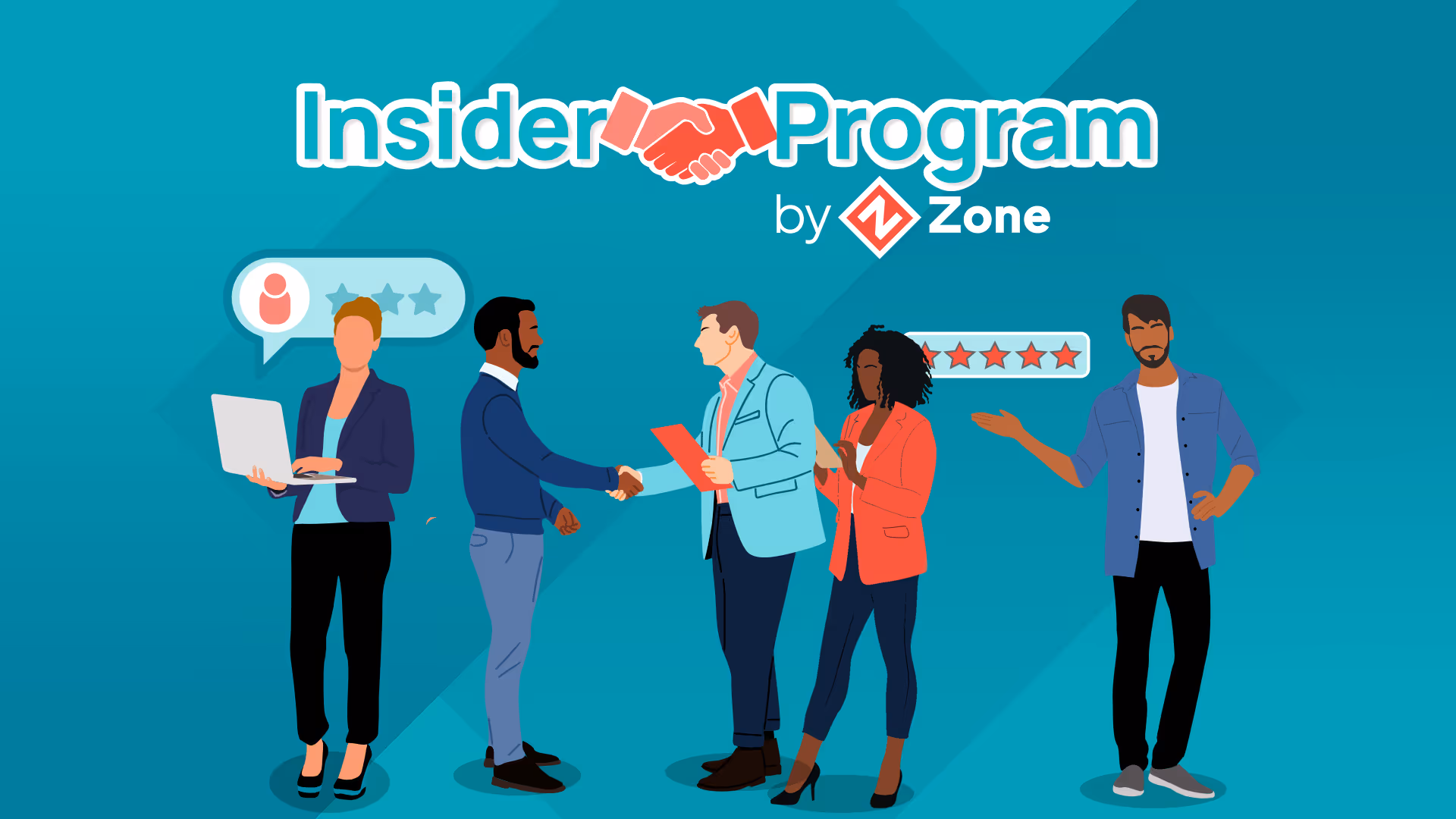 Illustration of diverse professionals shaking hands and reviewing documents under the title Insider Program by Zone with rating icons above two individuals.