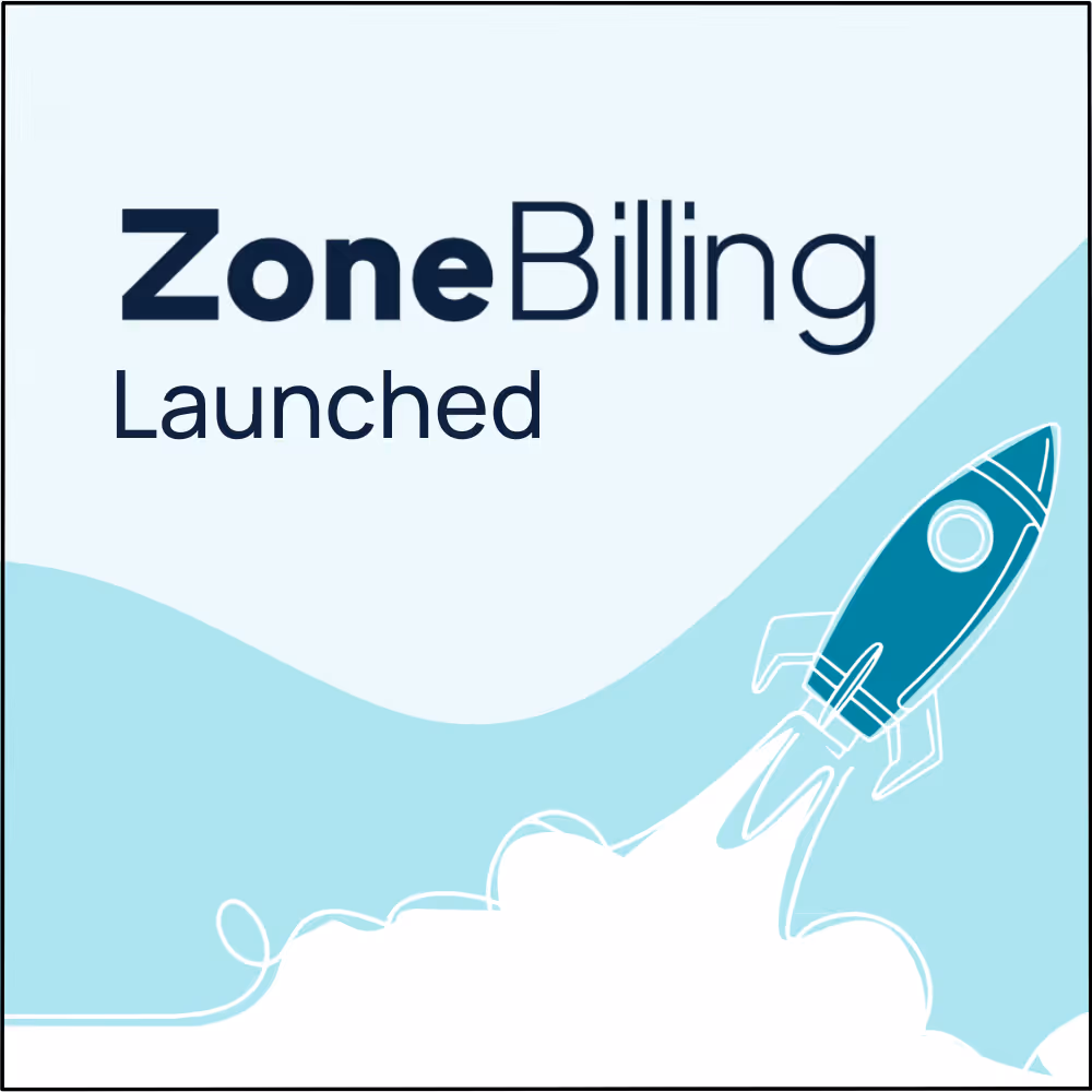 Illustration of a rocket launching with the text 'ZoneBilling Launched' on a light blue and white background.