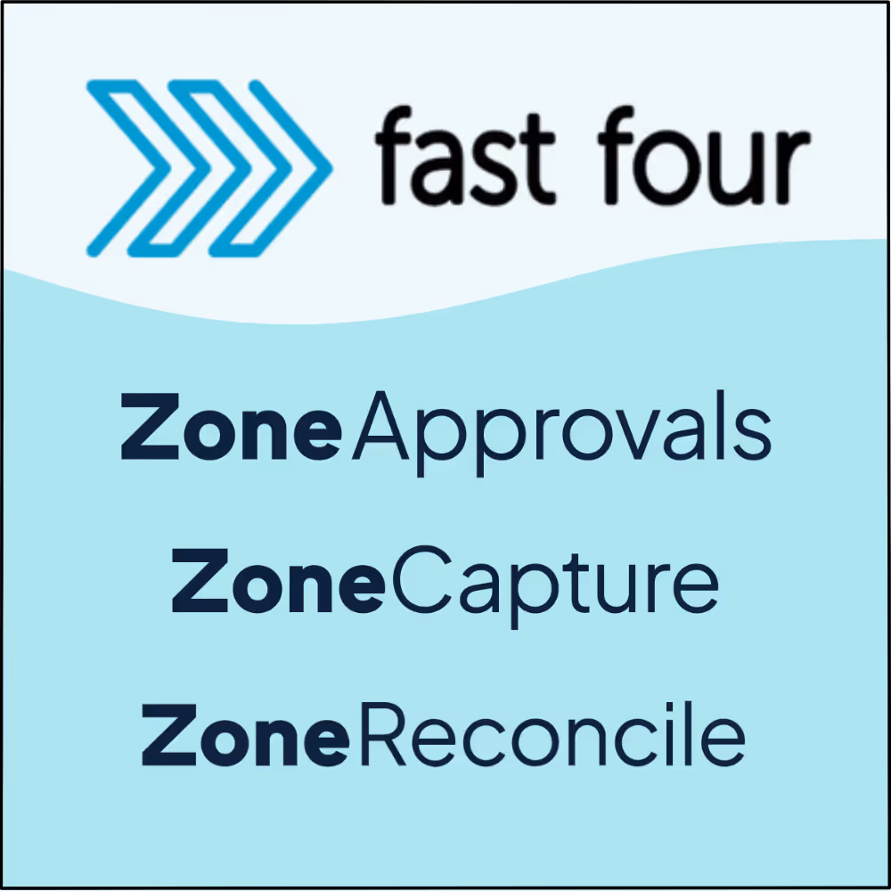 Fast four logo with three blue arrows followed by the text 'fast four' and a list of services: Zone Approvals, Zone Capture, and Zone Reconcile in bold and regular text.