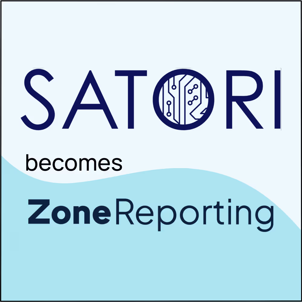 Text stating 'SATORI becomes ZoneReporting' with the letter O in SATORI stylized as a circuit board.